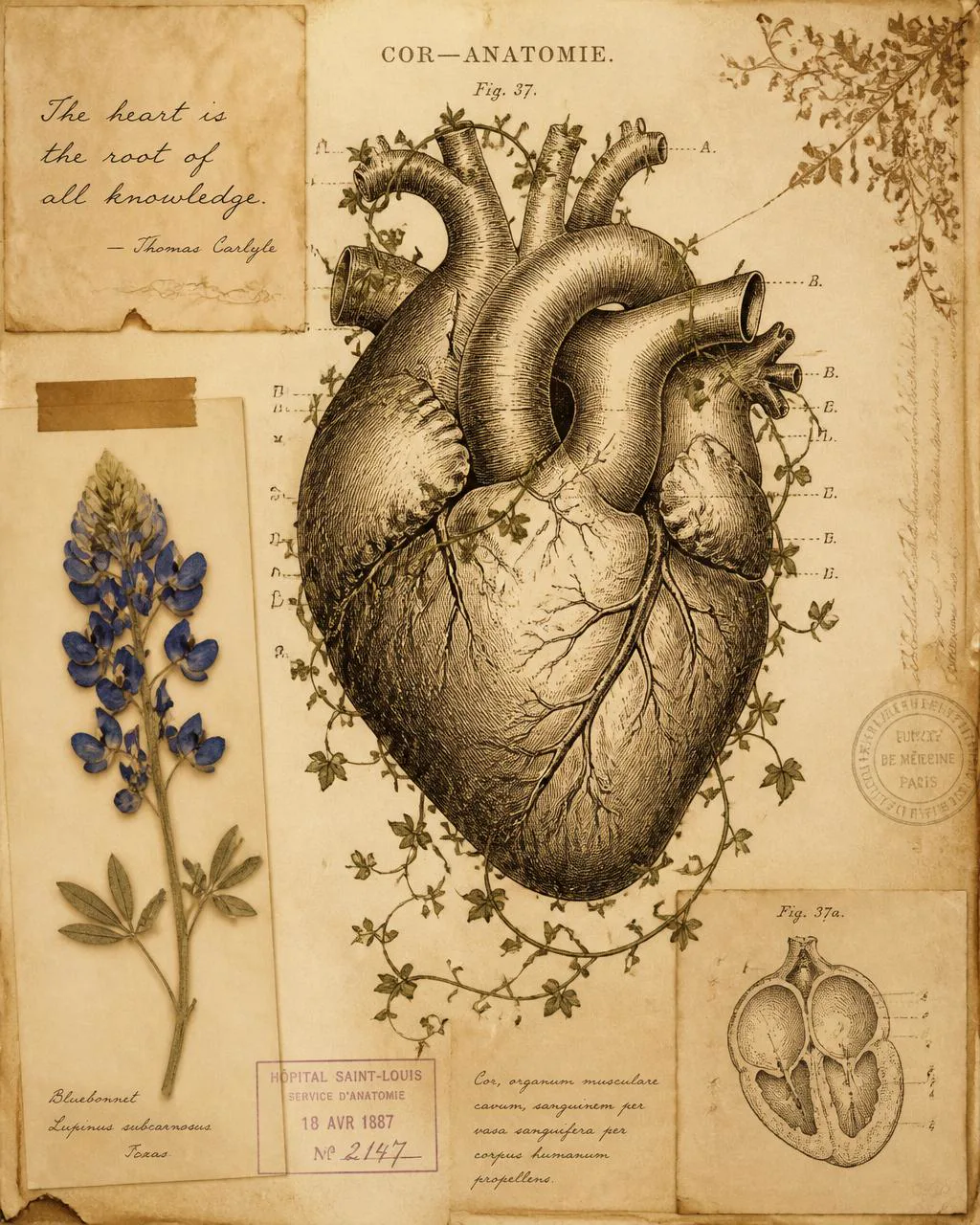 Vintage anatomical illustration with pressed Texas bluebonnet