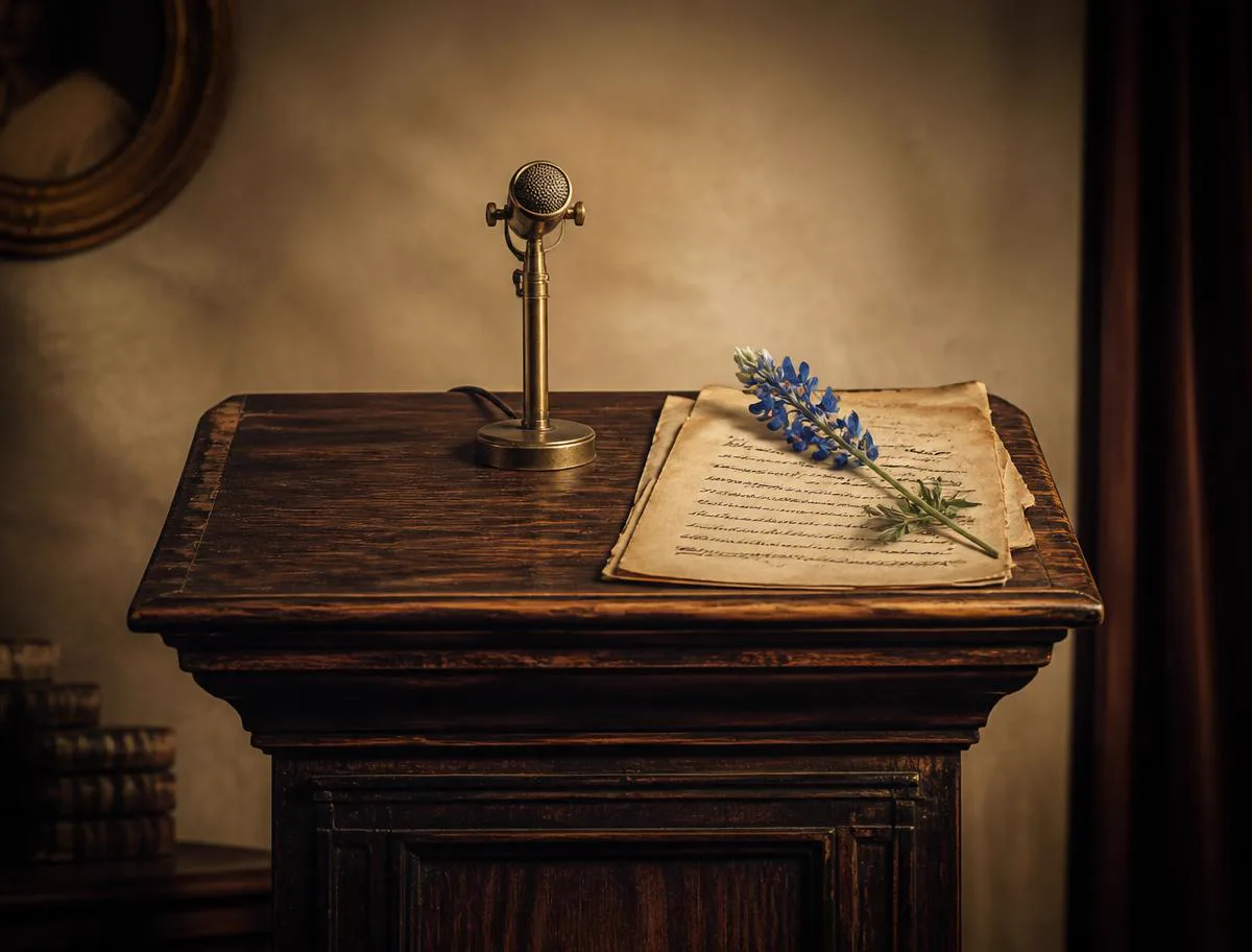 Antique lectern with brass microphone and a bluebonnet