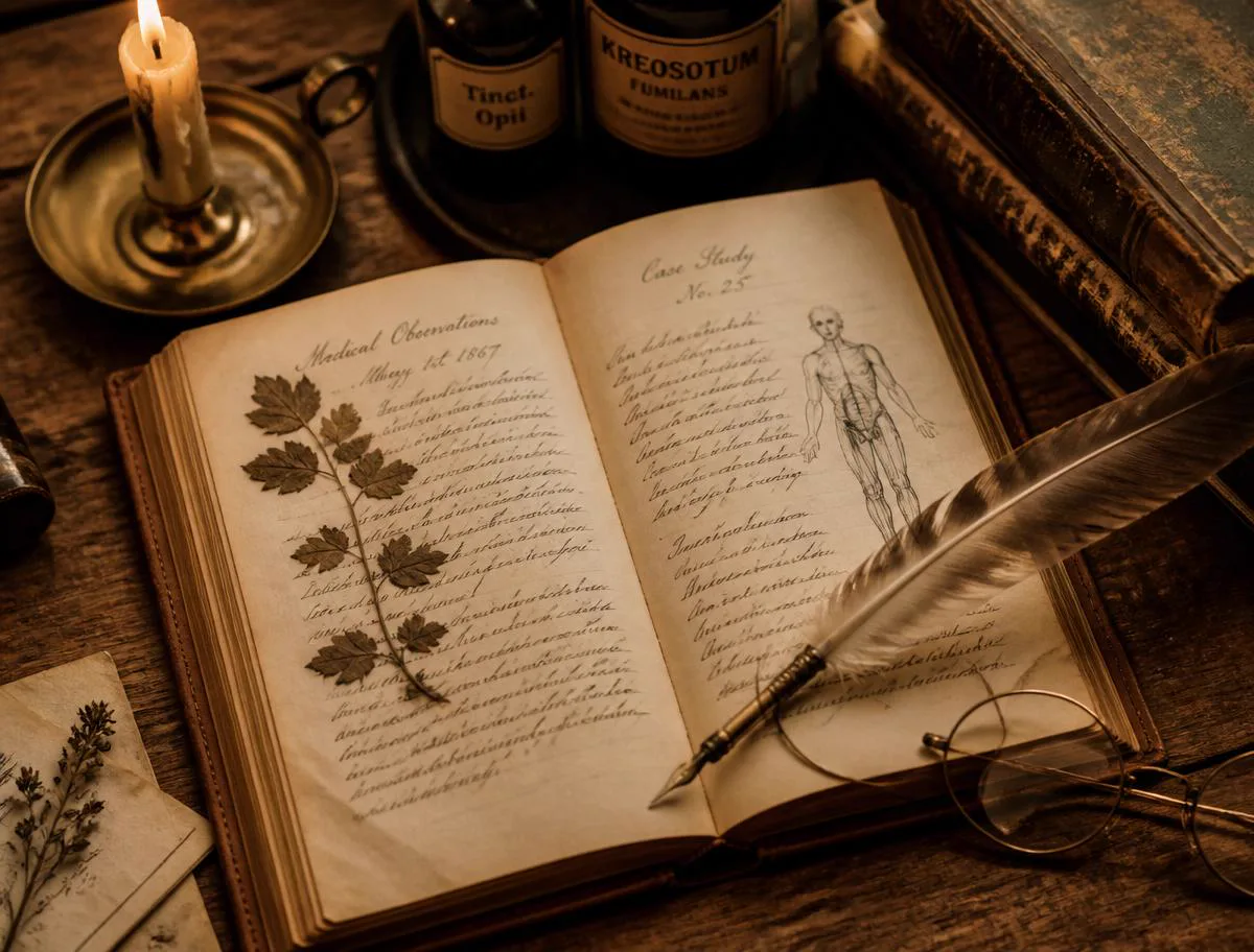 Open journal with quill, candle, and apothecary bottles